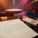 A printed agreement with a fountain pen, a stack of euro banknotes and a calculator on a wooden bar counter, with an empty club stage and soft stage lights in the background