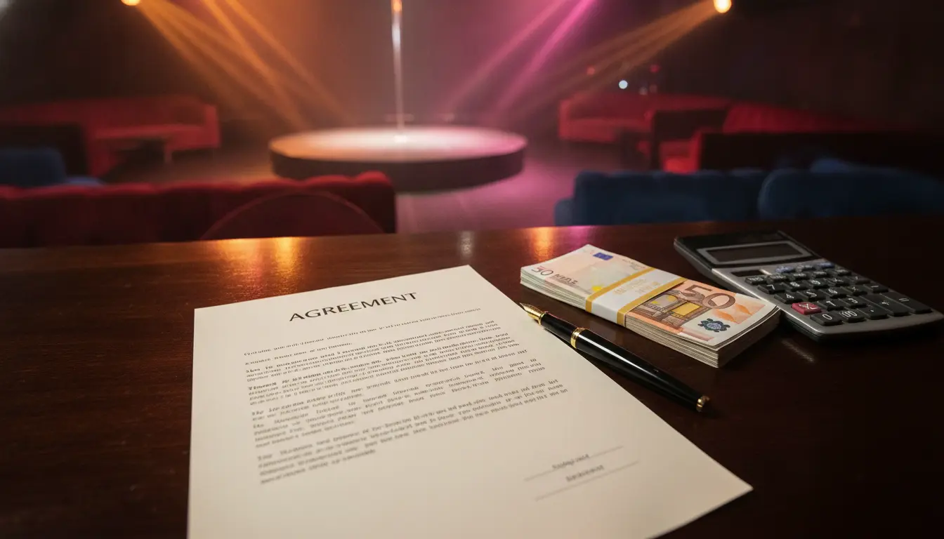 A printed agreement with a fountain pen, a stack of euro banknotes and a calculator on a wooden bar counter, with an empty club stage and soft stage lights in the background