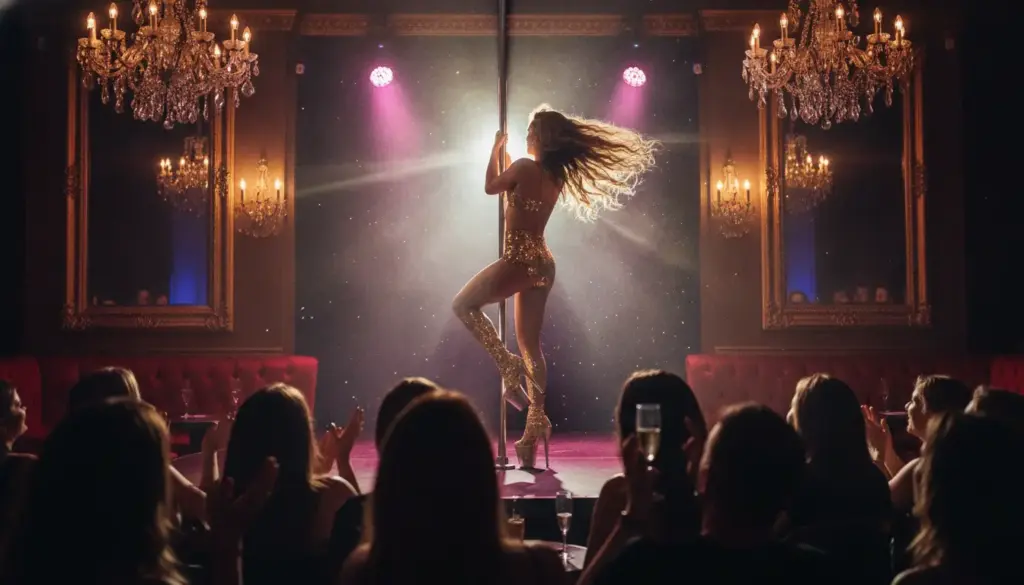 A pole dancer seen from behind spins on a chrome pole under bright colourful spotlights in front of a cheering full-house crowd in a glamorous London club