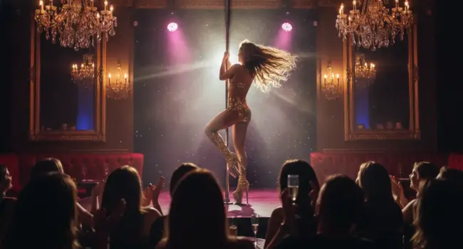 Peter Stringfellow and the making of the British gentlemen’s club (AI-generated) A pole dancer seen from behind spins on a chrome pole under bright colourful spotlights in front of a cheering full-house crowd in a glamorous London club