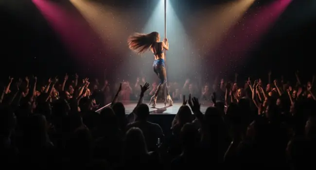 Strip clubs in Scandinavia: a visitor’s guide to Oslo, Bergen and Stockholm (AI-generated) A pole dancer seen from behind performs under bright colourful stage lights in front of a cheering full-house crowd in a modern Scandinavian showbar