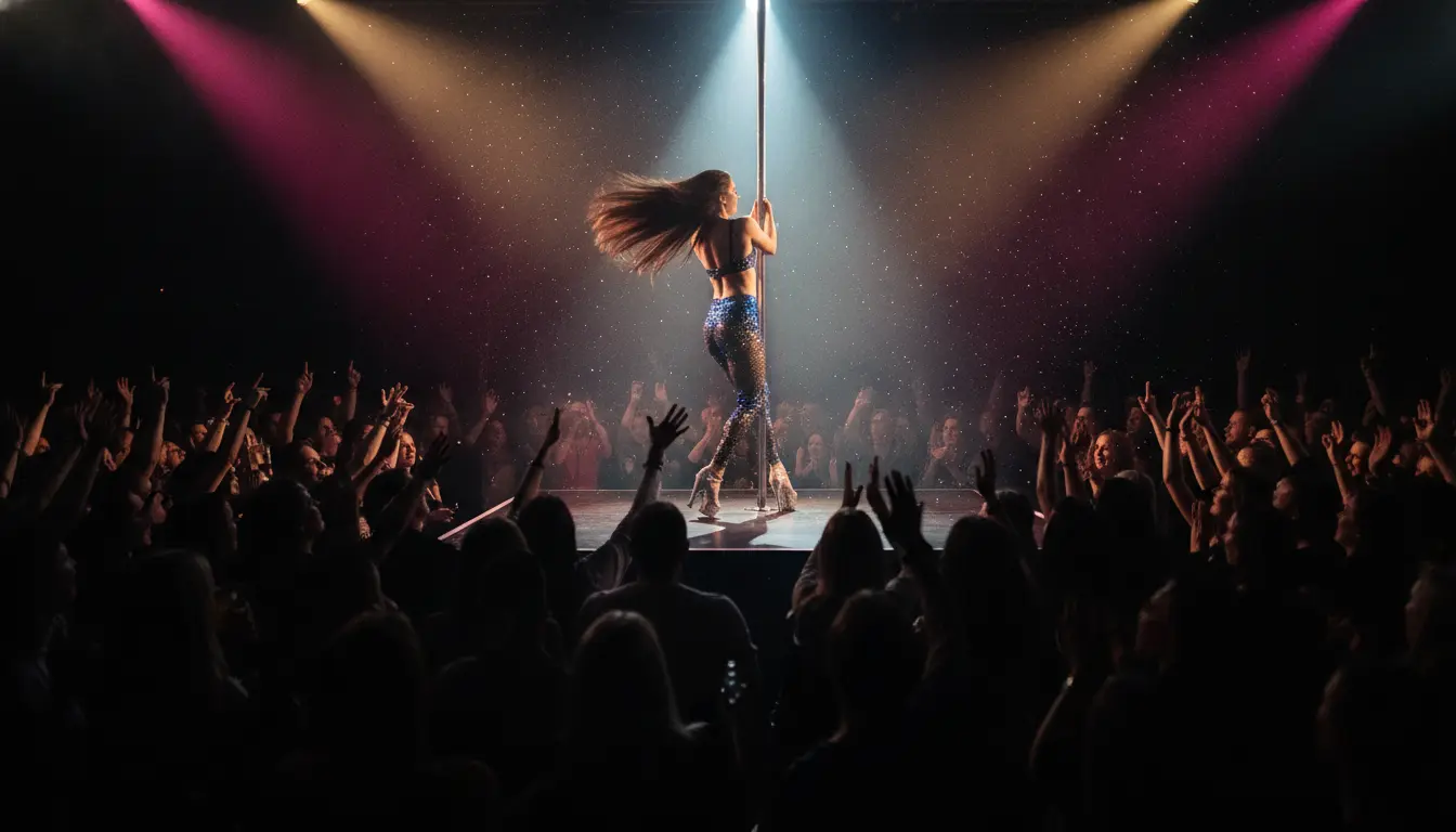 A pole dancer seen from behind performs under bright colourful stage lights in front of a cheering full-house crowd in a modern Scandinavian showbar