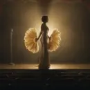 A 1950s burlesque performer in a long sequinned gown and satin gloves, seen in profile against the light, holding two feather fans on a vintage theatre stage