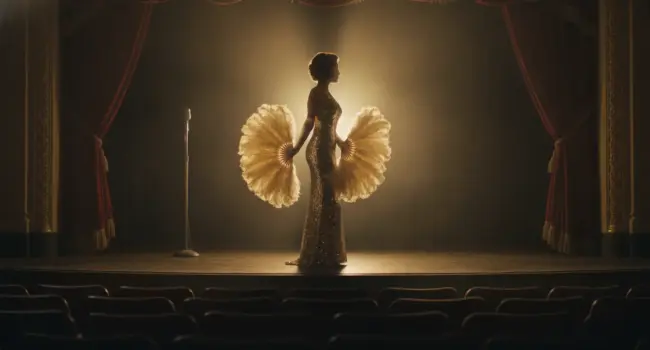 A 1950s burlesque performer in a long sequinned gown and satin gloves, seen in profile against the light, holding two feather fans on a vintage theatre stage