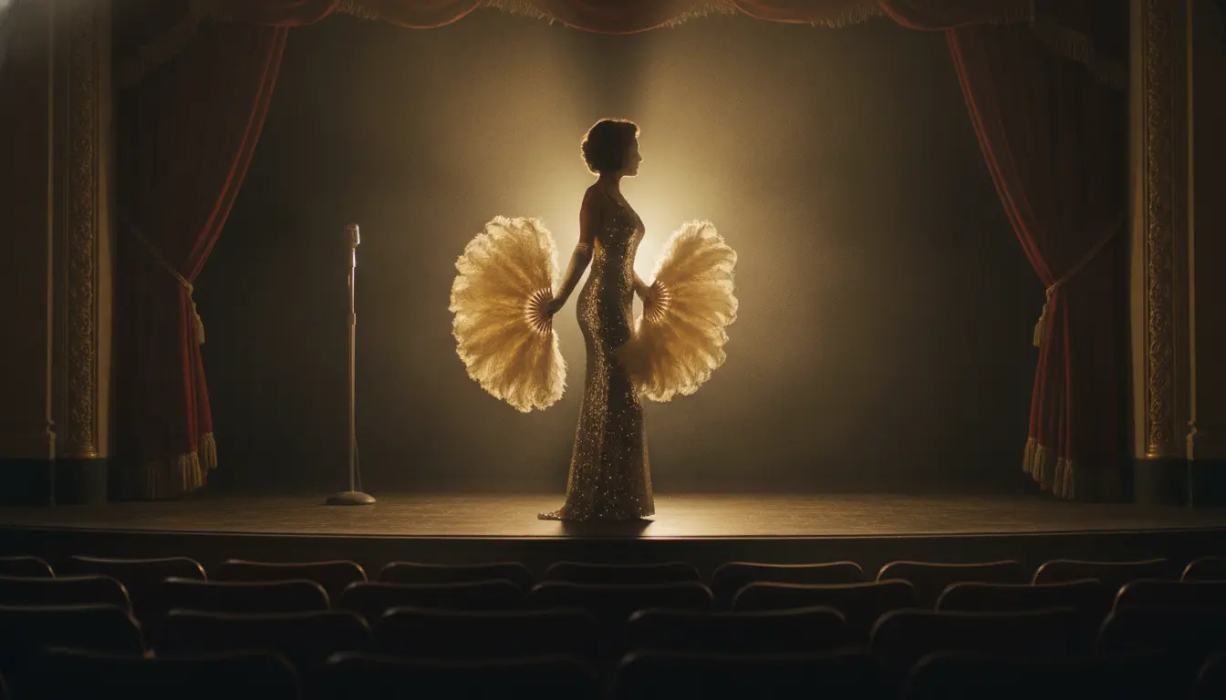 A 1950s burlesque performer in a long sequinned gown and satin gloves, seen in profile against the light, holding two feather fans on a vintage theatre stage