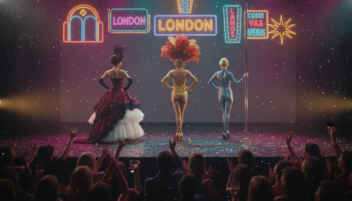 Three stage performers from different eras – a 1890s Parisian cabaret dancer, a 1950s showgirl in a feathered headdress and a modern pole performer in a full-coverage costume – seen from behind on a wide stage, with glowing neon city signs above and a cheering crowd in the foreground