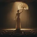 A burlesque performer in a sequinned vintage stage gown and long gloves, seen from behind in silhouette, holding a large feather fan on a theatre stage under a spotlight