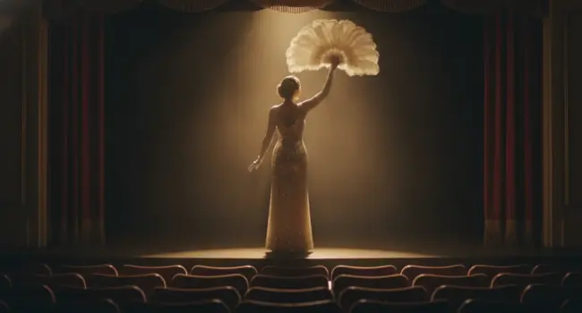 Worldwide development of striptease (AI-generated) A burlesque performer in a sequinned vintage stage gown and long gloves, seen from behind in silhouette, holding a large feather fan on a theatre stage under a spotlight