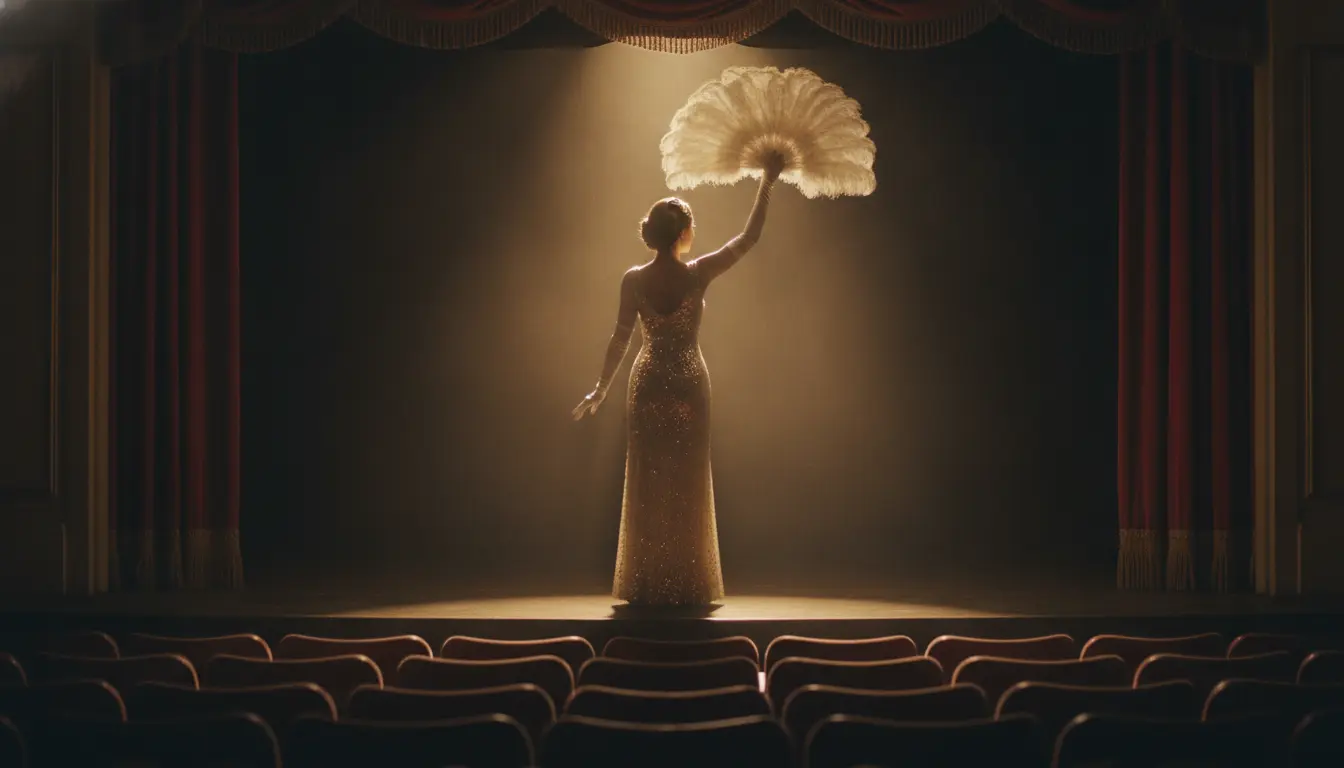 A burlesque performer in a sequinned vintage stage gown and long gloves, seen from behind in silhouette, holding a large feather fan on a theatre stage under a spotlight